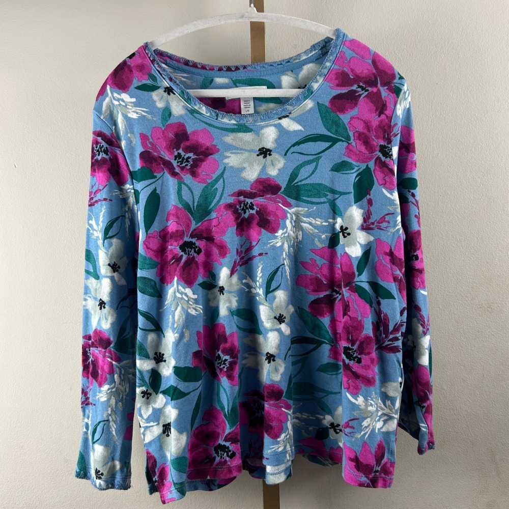 Carole Hochman Floral Top Womens L Blue Magenta Long Sleeve Crew Neck Loungewear